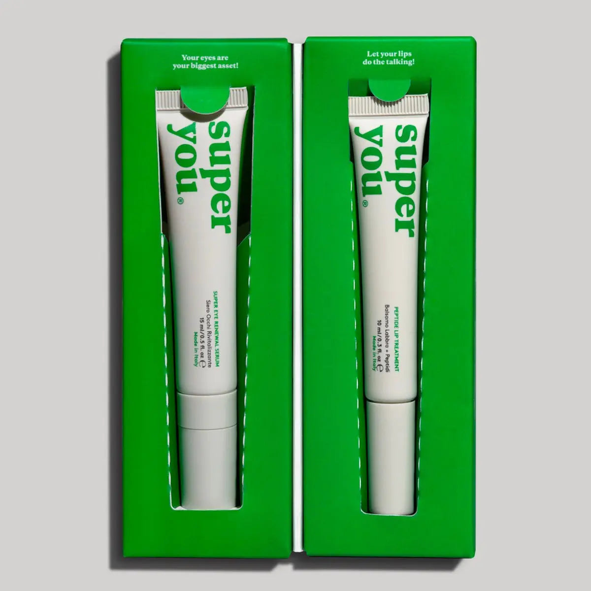 DUO Kit: Peptide Lip Treatment and Super Eye Renewal Serum set in green packaging.