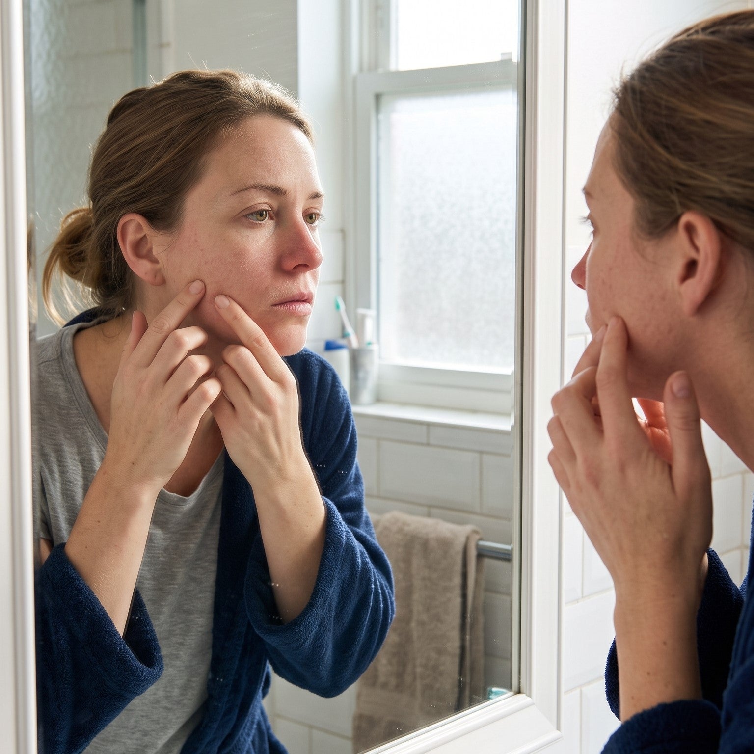 Woman examining dry and dehydrated skin in a mirror
