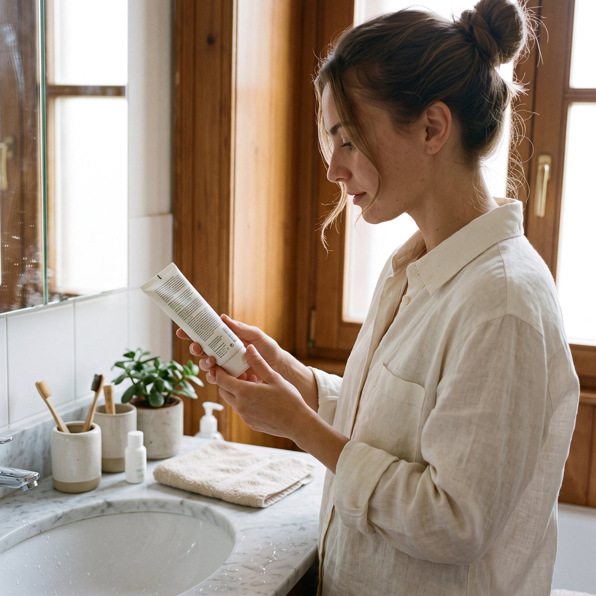Person reading the label of a facial cleanser beside a bathroom sink.