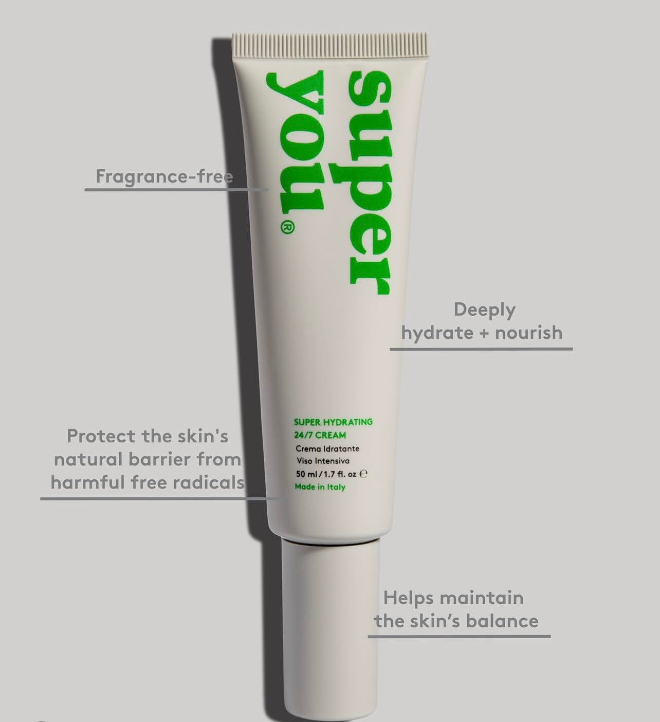  Close-up of hydrated skin with SuperYouSkin 24/7 Cream beside botanical ingredients like turmeric, kombucha, and ashwagandha